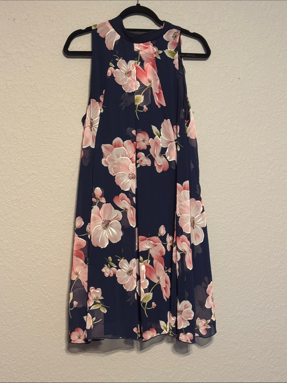 Robbie Bee Navy Blue Pink Floral Chiffon Halter Dress - Size 14